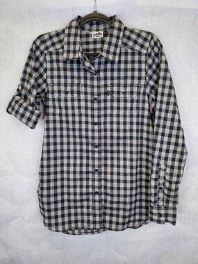 Kavu Button Up Camp Shirt Women's XS Plaid Roll-Tab Sleeve Gorpcore Granola Girl